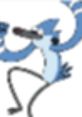 Mordecai from Regular Show expressing excitement, showcasing his iconic blue and white feathers with a playful stance.