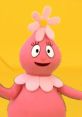 Cheerful Foofa from Yo Gabba Gabba, with a pink body and flower accents, smiles against a bright yellow background.