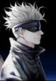 Stylized depiction of Gojo with striking white hair and a black blindfold, exuding a confident aura against a dark background.