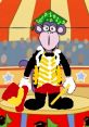 Colorful cartoon monkey dressed as a ringleader, performing in a circus with a drum and vibrant background.
