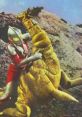 Ultraman battles Goldon, a giant yellow monster, on a rocky landscape, showcasing a classic Kaiju showdown.
