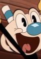 Mugman grinning with excitement, showcasing his playful personality in a vibrant animated scene.