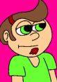Cartoon character with green eyes and brown hair, wearing a green shirt against a pink background. Fun and colorful design.