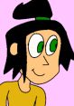 Playful animated character with black hair and green eyes, wearing a yellow top, set against a pink background.