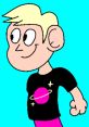 Cartoon character with blonde hair, wearing a black shirt featuring a pink planet design, smiling against a bright blue background.