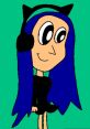 Animated character Anna Kojo with long blue hair, wearing headphones and a black outfit, set against a green background.