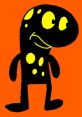 Playful black character with yellow spots, smiling against a vibrant orange background, embodying Chong Kojo's fun spirit.