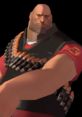 TF2 Heavy character with large muscles, wearing a black vest and ammo bandoliers, exuding strength and power.