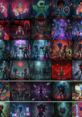 Vibrant and dynamic showcase of BRAINROT characters in action-packed, retro-style art, featuring unique backgrounds and poses.