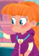 Cheerful animated girl in a vet outfit, happily holding a medical tool, promoting kindness to animals in "Vida The Vet.