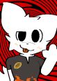 Cheerful white anthropomorphic character with a black shirt and playful expression, set against a spiral red background.