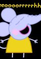 Emily Elephant joyfully trumpeting, wearing a yellow dress, against a black background. Cheerful and playful character design.