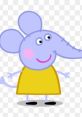 Emily Elephant from Peppa Pig, cheerful in a yellow dress, ready to trumpet and engage in fun conversations.