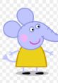 Emily Elephant from Peppa Pig, smiling in a yellow dress, ready to trumpet and play with friends.