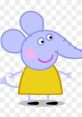 Emily Elephant from Peppa Pig, cheerful character in a yellow dress with a friendly smile. Ideal for kids' content.