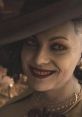 Alcina Dimitrescu with a sinister smile, wearing elegant attire and jewelry, portraying her vampiric allure.