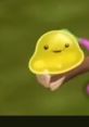 Cute yellow Meeb character smiling while perched on a tree branch, bringing joy to the whimsical nature scene.