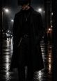 Man in a black trench coat and turtleneck stands on a rain-soaked street, exuding a moody, urban vibe.