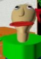 Baldi character from "Baldi's Basics" with a green shirt and exaggerated facial features, set in a school environment.