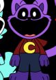 Purple cartoon character with a big smile, wearing a red shirt with a yellow 'C' and blue pants. Playful and whimsical design.