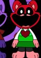 Red cartoon character with a large smile, wearing a green dress with a heart, part of the Yumi Maripi universe.