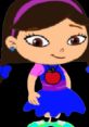 June Do Mal character in a bright dress with an apple design, featuring brown hair and playful accessories.