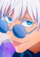 Teen Gojo with white hair and blue glasses, exuding charm against a colorful background. Perfect for anime fans.