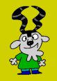 Cheerful Pibb the Addax from the Mario and Luigi Show with distinctive horns and a green shirt against a bright yellow background.