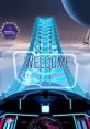 Futuristic roller coaster view with a neon welcome sign, evoking excitement for a thrilling ride experience.
