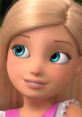 Close-up of Chelsea Roberts from Barbie, showcasing her bright blue eyes and cheerful expression in a playful outfit.