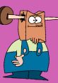 Hillbilly Kee-kee from the Mario and Luigi Show, with a blockhead and a barbell, showcasing a humorous cartoon style.
