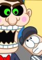 Mr. Funny character with exaggerated features and a terrified companion in a vibrant cartoon scene.