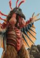 Fierce Birdon creature with vibrant feathers, wings, and claws against a dramatic rocky backdrop. Unique fantasy character design.