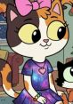 Maya the lucky calico cat sits happily in a galaxy-themed dress, showcasing her playful personality alongside a friend.