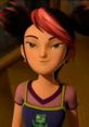 Miko from Transformers Prime with pink highlights, wearing a playful outfit, exuding confidence and curiosity.