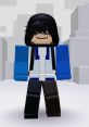 Roblox character design featuring Alec Hunter, with black hair, blue and black outfit, set in a minimalistic environment.