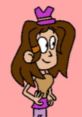 Celina Fantine from Mario and Luigi Show, wearing a crown, smiling against a pink background in a playful pose.