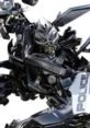 Transformers Barricade in sleek black and silver police design, showcasing his menacing robotic features.