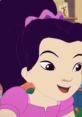 Cheerful animated character Meiying smiles, wearing a pink outfit and a purple bow in her hair, showcasing friendship and fun.