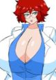 Character design of Dr. Maxxine with vibrant red hair and glasses, dressed in a blue outfit and white lab coat.