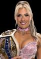 Tiffany Stratton poses confidently with the WWE championship belt, showcasing her vibrant style and strong persona.