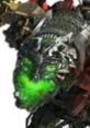 Close-up of Devastator’s menacing face with a glowing green visor, showcasing intricate robotic detailing and sharp features.