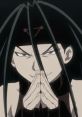 Smirking character with long dark hair and a headband, fingers clasped, representing themes of envy and ambition.