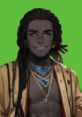 Stylized character representing "The King of Africa," adorned with jewelry and a confident smile against a green background.