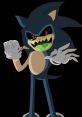 Evil Sonic Exe character with glowing red eyes and sharp teeth, showcasing a sinister grin and blood on his hand.