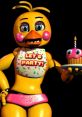 Toy Chica from FNAF UCN holds a birthday cupcake, emphasizing her playful and festive personality. Let's party theme.