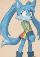 Blue maned wolf character with long hair, wearing a colorful outfit and looking shy. Inspired by Ranceford the Rainbow.