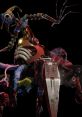 Colorful Prototype E character with robotic features, playful pose, and whimsical costume elements set against a dark background.