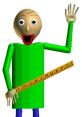 Baldi character in green attire, holding a ruler, waving, popular in Baldi You Are Mine game. Fun and quirky design!