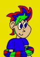 Colorful character Pakie Popolo from Mario and Luigi Show, wearing a blue shirt and surrounded by a vibrant yellow background.